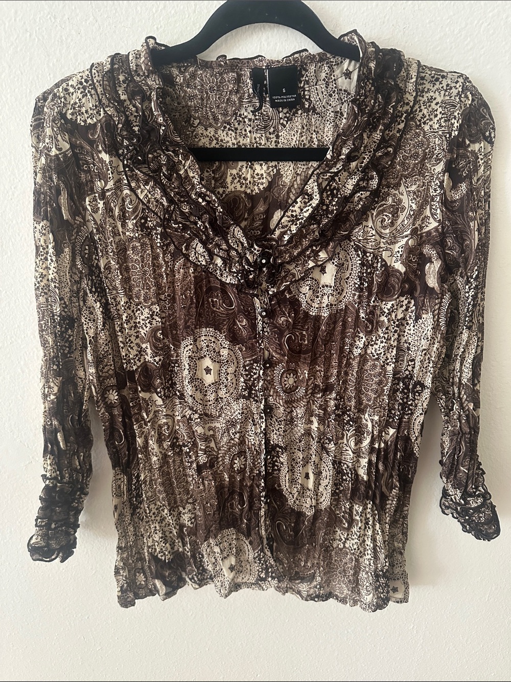 new directions Brown Paisley Ruffle-Trim Blouse
